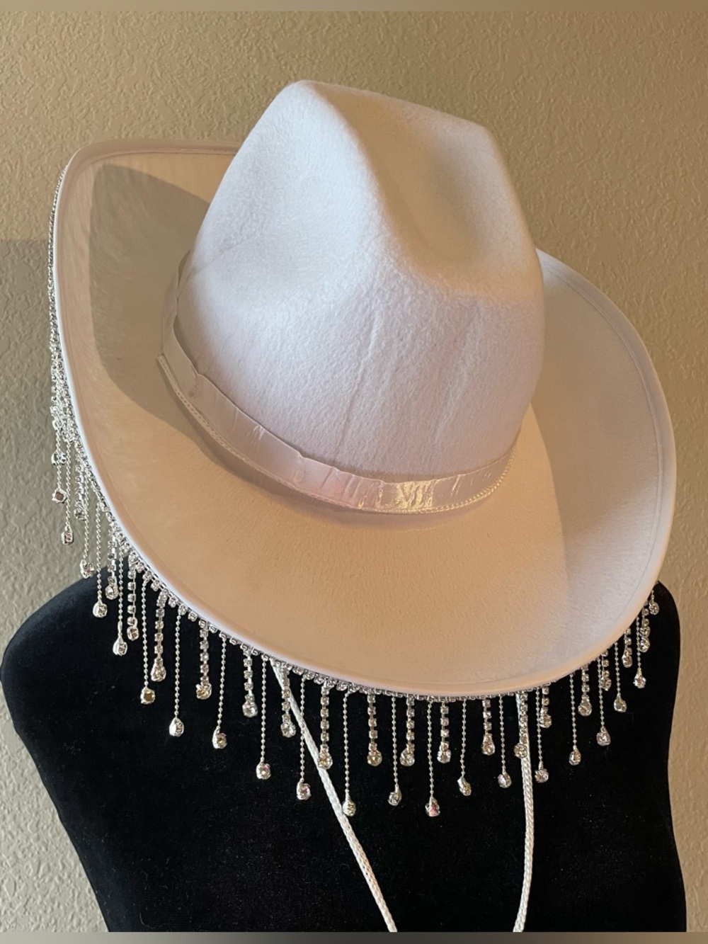 White Rhinestone Fringe Western Cowgirl Hat
